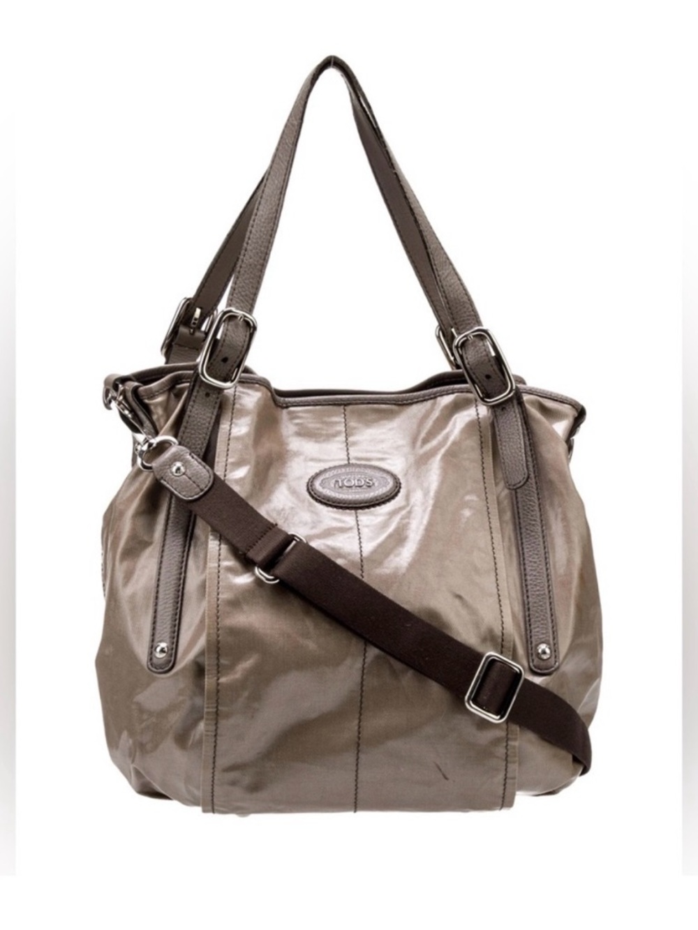 Tod's Taupe Shiny Leather Shoulder Bag with Crossbody Strap